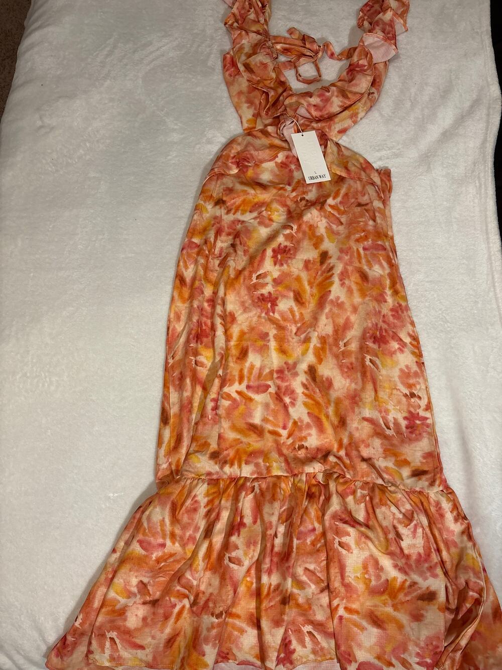 Urban Way orange floral cut out Backless with tie and zipper closure Size large.